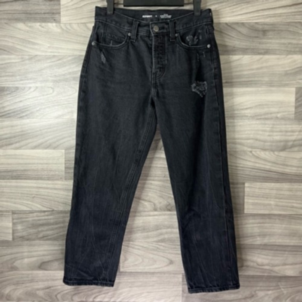 Old Navy Womens Straight Leg Jeans Black Pockets Charcoal Wash High Rise Denim 0